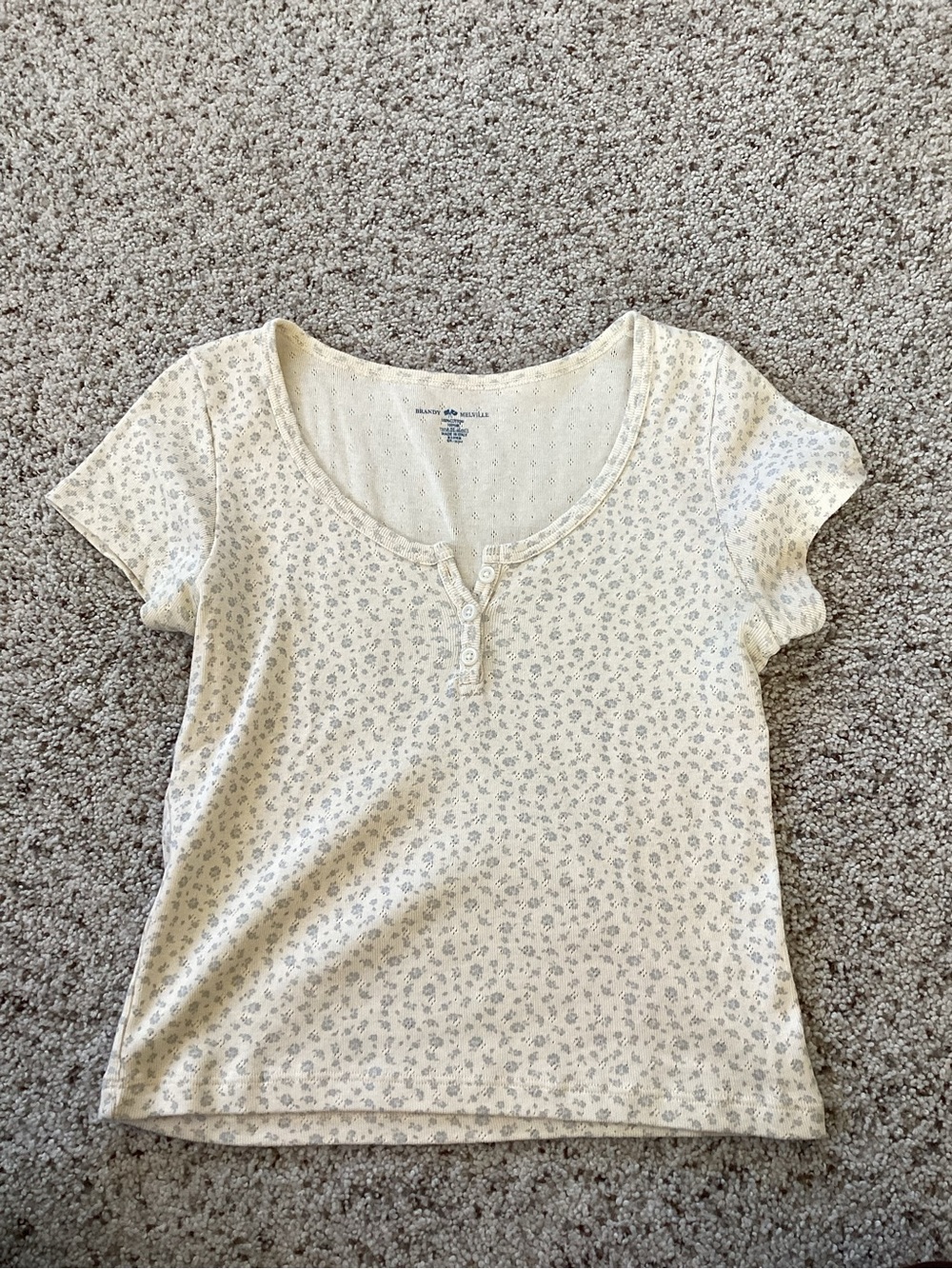 Brandy Melville Cream Short Sleeve Henley Tee with Tiny Floral Print